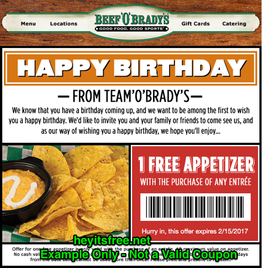 Beef 'O' Brady's Birthday Freebie