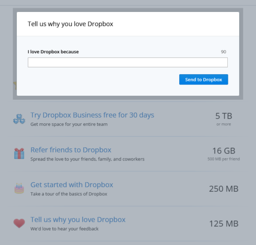 Free Dropbox space by leaving feedback